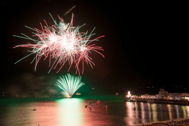Firework display over beach