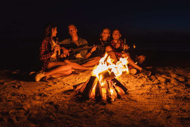 Young friends on the beach sat around campfire
