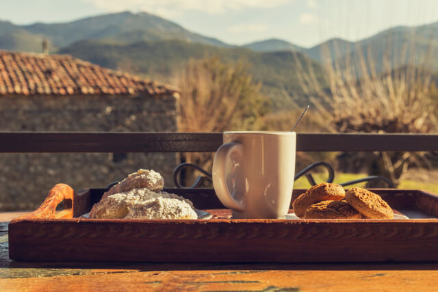 Cup of tea and biscuits with countryside in background