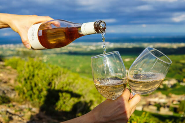 two glasses of wine with countryside background