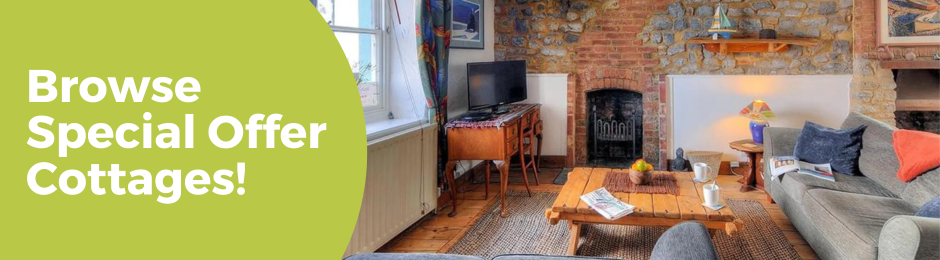 Cosy cottage living room with two sofas, a TV, and exposed brick walls